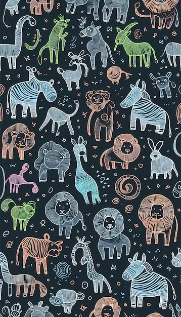 simple background pattern of handdrawn zoo animals