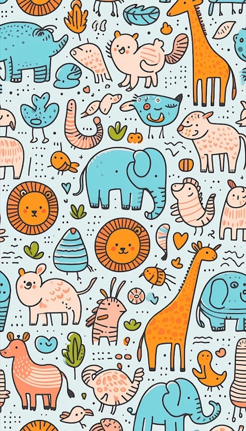 simple background pattern of handdrawn zoo animals