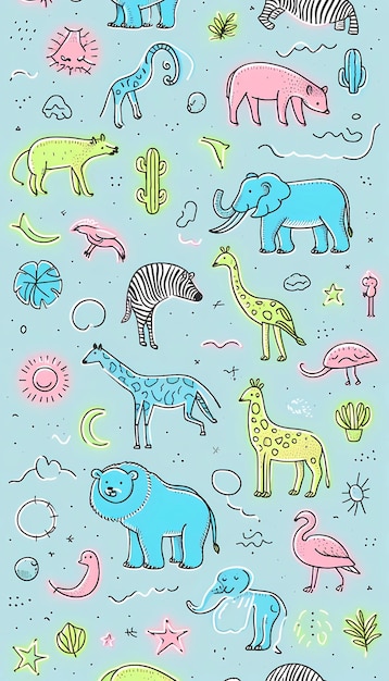 simple background pattern of handdrawn zoo animals