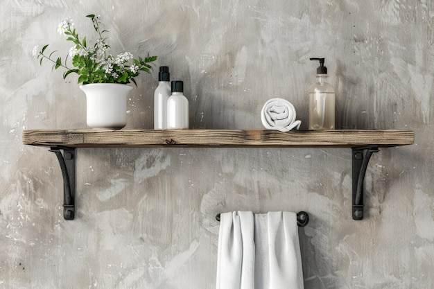 Photo simple bathroom wooden shelf with a towel shampoo eco bag with toilet paper flower minimalism style