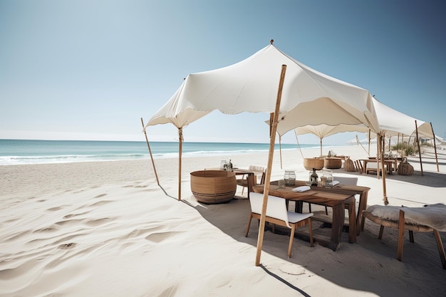 Simple beachside eatery with white linen tablecloths and blue water in the background