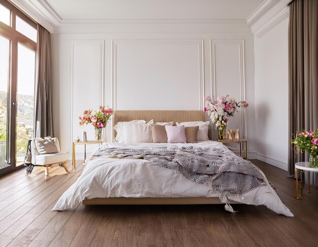 Photo simple beautiful bedroom with large bed decorated with flowers and white wall mockup