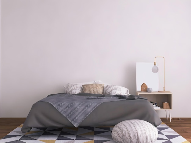 Simple bedroom interior mockup with gray blanket