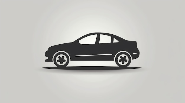 A simple black silhouette of a car on a grey background