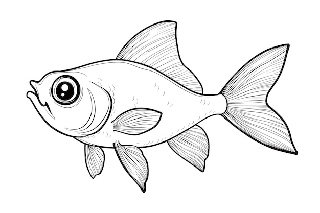 Photo simple black and white coloring book of a baby fish on a minimalist white background