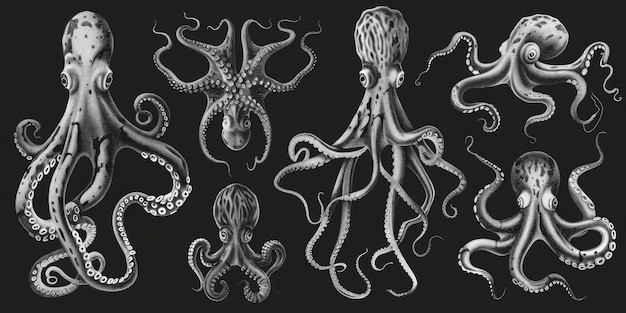 Photo a simple black and white drawing of multiple octopuses