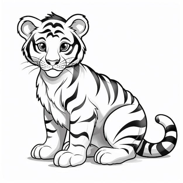 Simple black and white line art of a tiger for a kids coloring book