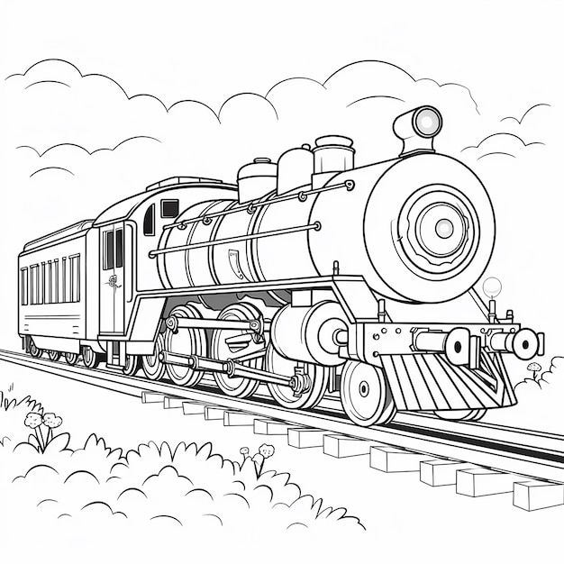 Simple black and white line art of a train for a kids coloring book