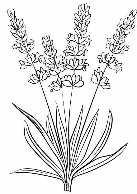 Photo a simple black and white line drawing of a lavender flower with three stalks and green leaves suitab