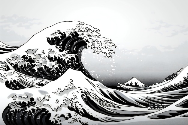 A simple black and white style drawing of an ocean wave on a plain background with no shading or gr