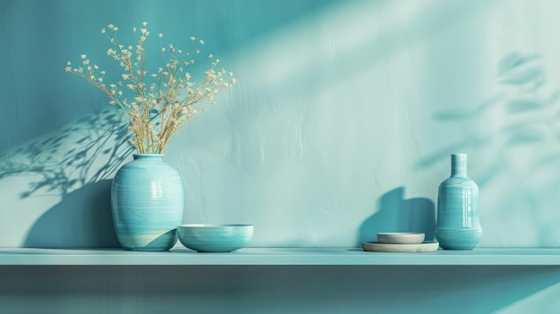 Simple blue ceramic pottery pieces showcased on a gradient blue shelf