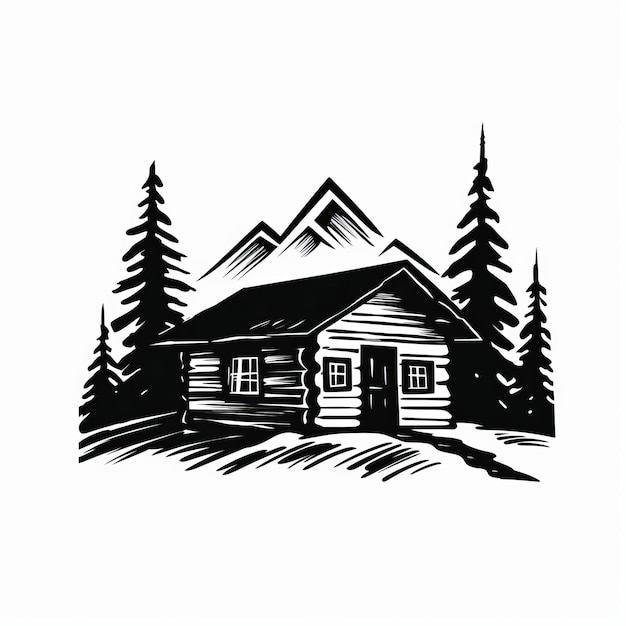 Simple Cabin In Mountain Village Stencil Art Logo Style