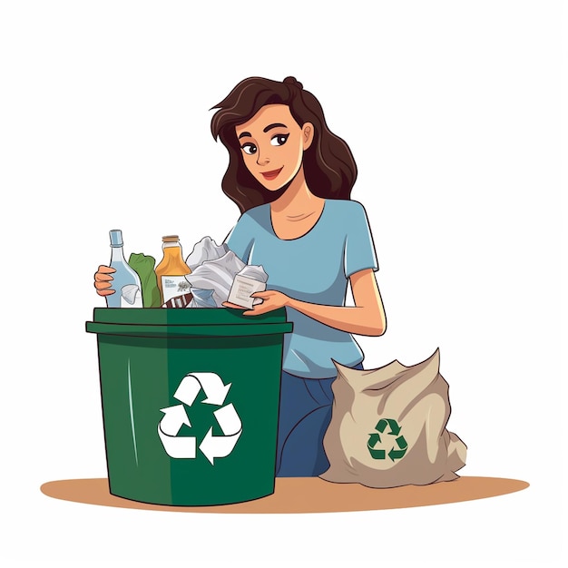 simple cartoon illustration of a woman recycling rubbish