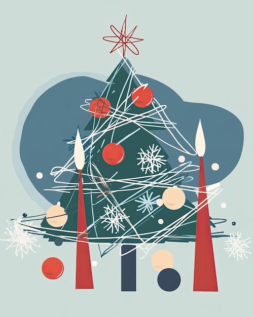 Photo a simple christmas tree illustration with decorations and candles in a corner