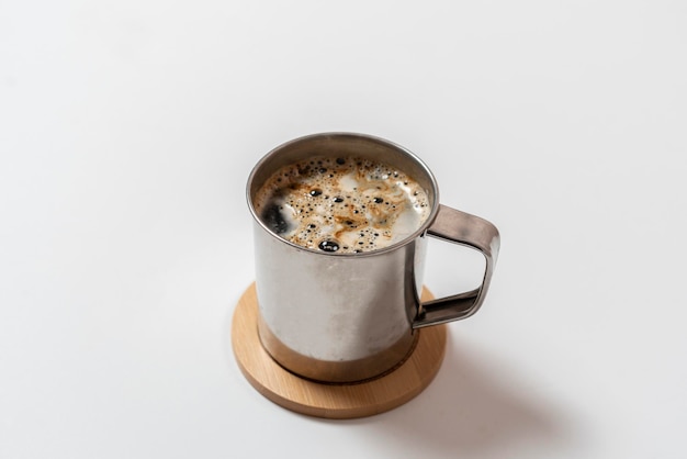 A simple classic hot cup of tea view from above colorful background with copy space