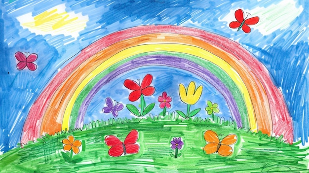 A simple colorful drawing of a rainbow with butterflies and flowers on the ground children coloring book page The background is a blue sky with clouds