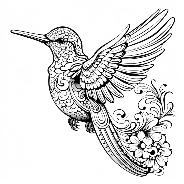 Photo simple coloring page hummingbird with mandala pattern black and white