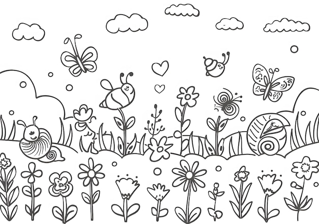 simple coloring page for kids with cute cartoon insects