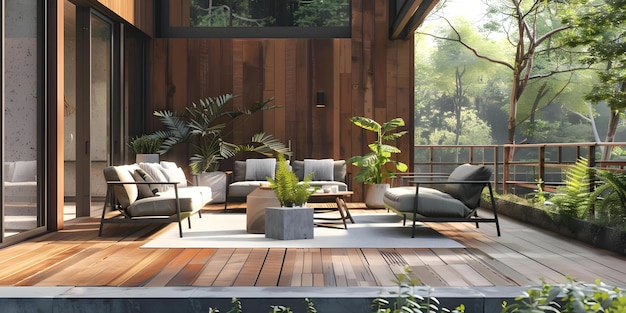 Simple cozy interior design with wooden terrace and comfortable outdoor furniture set Concept Cozy Interiors Wooden Terrace Outdoor Furniture Comfortable Setting