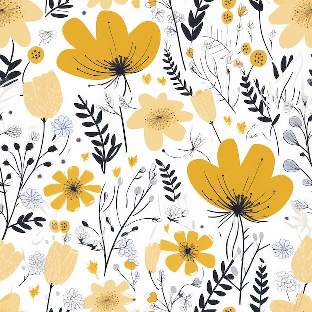 Simple and decorative handdrawn yellow flowers in a Scandinavianstyle floral seamless pattern AI generation