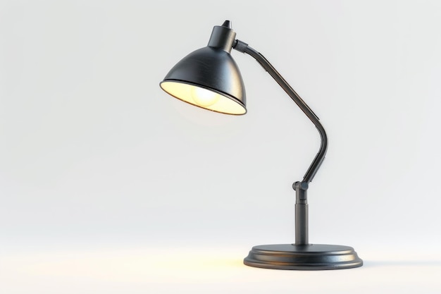 A simple desk lamp with a black shade placed on a clean white background