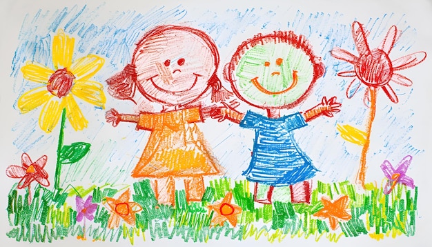 Photo simple drawing of children playing drawing in the style of a three year old child with crayons on white paper