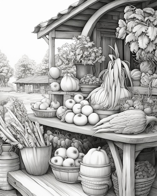 Simple Drawing of Market Vegetables