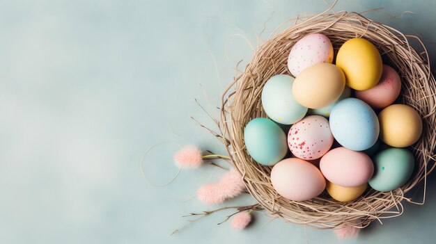 Simple Easter Basket with Pastel Eggs A Flat Lay Top View on a Soft Blanket