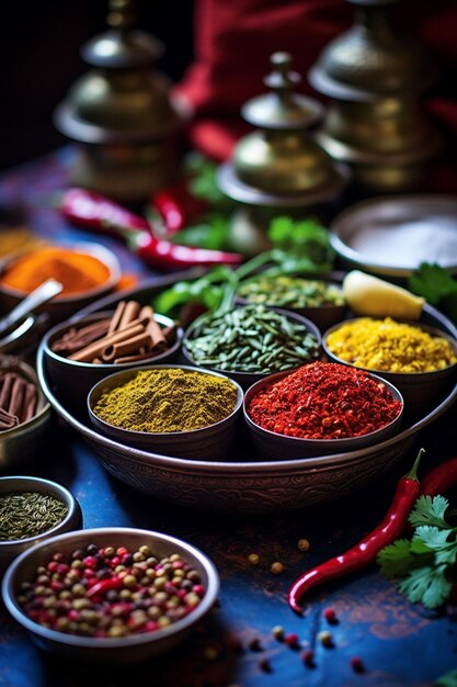 a simple yet elegant arrangement of Pakistani spices in traditional bowls