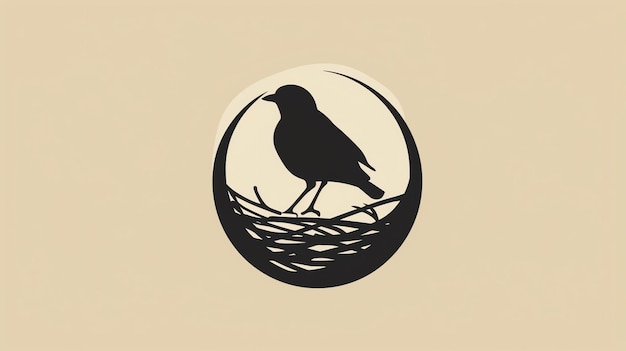 A simple and elegant black bird logo design The bird is sitting in a nest which is surrounded by a circle