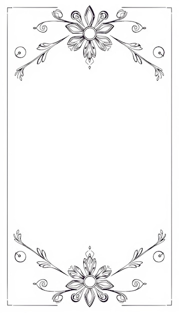 A simple and elegant black and white floral frame with two floral motifs at the top and bottom of th