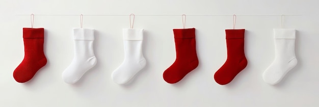 Photo a simple yet elegant image of red and white christmas stockings hanging on a white string again