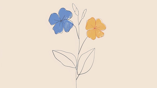 Photo simple and elegant line drawing of two flowers with leaves the blue and orange colors are perfect for a spring or summer theme