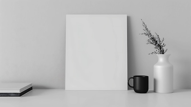 A simple and elegant mockup of a blank picture frame on a white table