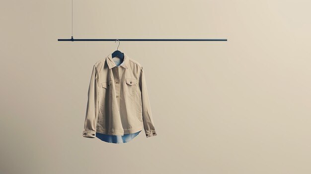 A simple and elegant product shot of a tan shirt jacket on a hanger against a beige background