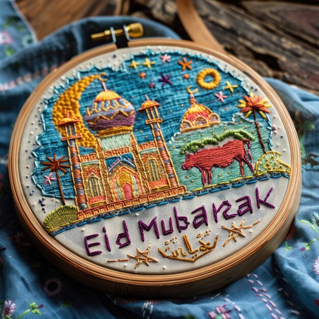 Photo simple embroidery of an eid islamic moon a mosque cow a big text eid mubarak in an embroidery hoop vibrant color v 6 job id df0549de363d42b0b82f93fe7c2c676f