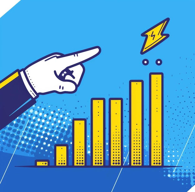 Simple flat illustration of an arm pointing upwards with its finger on top of a graph line going up