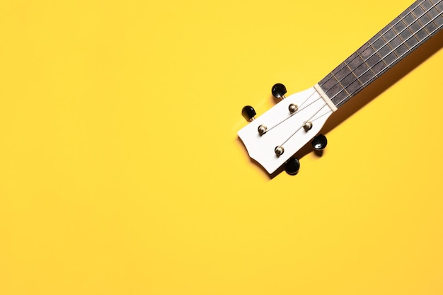 Simple flat lay shot on a vivid yellow background with a white and brown fretboard