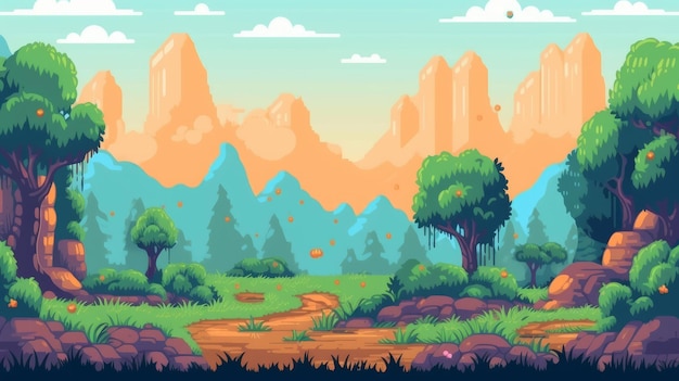 Simple Flat Pixel Art Cartoon Landscape Background For Game Desi