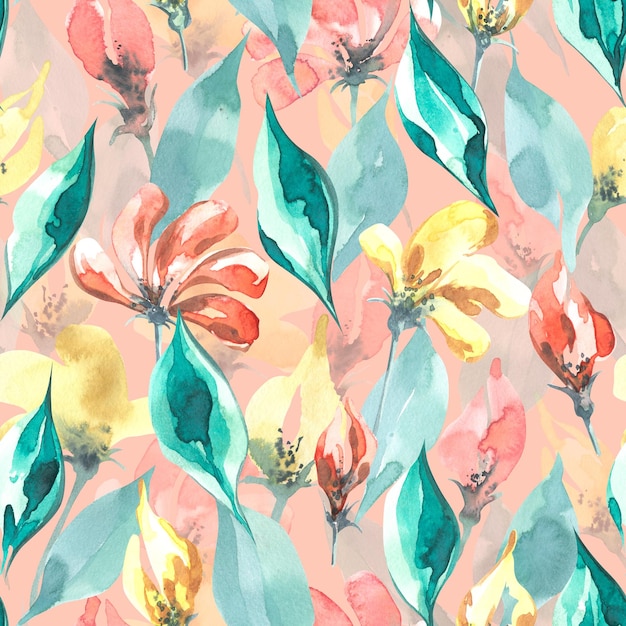 Simple flowers and leaves in the alla prima technique In coral yellow and turquoise colors Watercolor illustration Seamless pattern on a coral background from the HAPPY BIRTHDAY collection