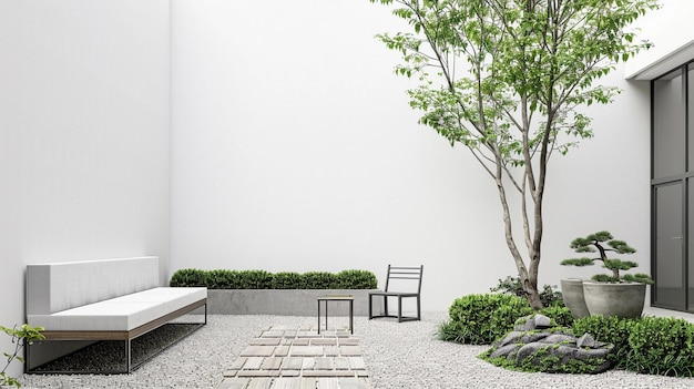 Photo a simple garden seating area with minimalist outdoor furniture like a sleek bench or chairs