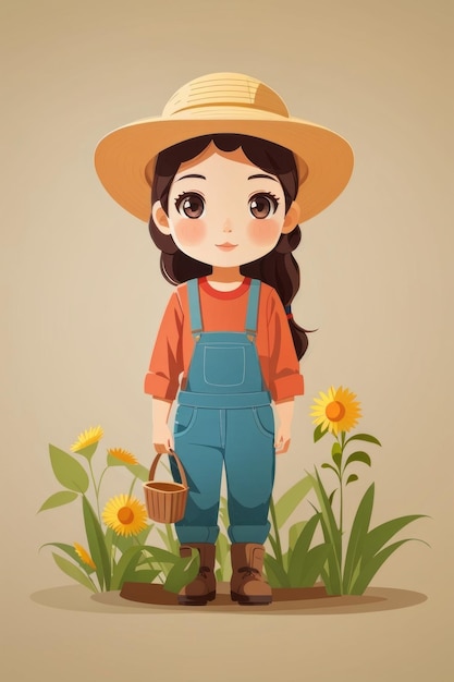 simple girl cute vector design Farmer flat