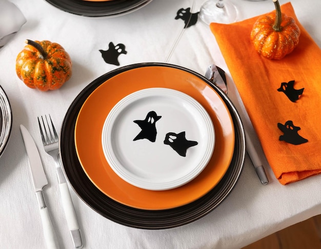 Simple Halloween table mockup with white cloth ghost plates and skullpatterned napkins