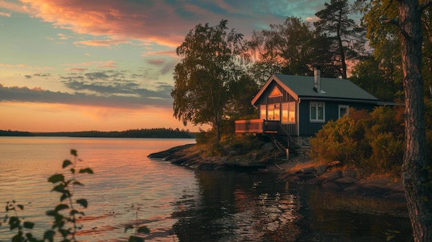 a simple house on the edge of the lake with the sunset in the background on summer generative ai