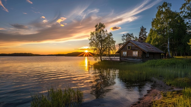 a simple house on the edge of the lake with the sunset in the background on summer generative ai