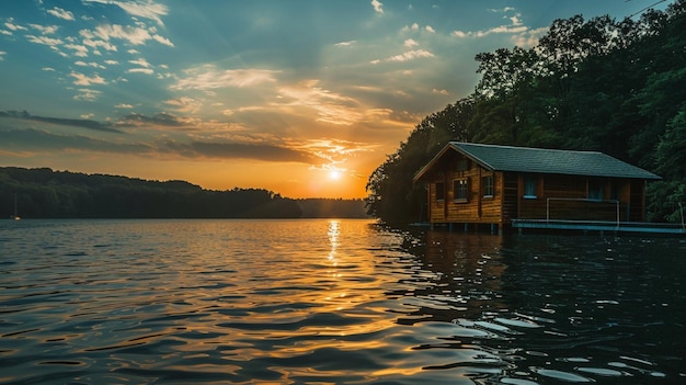 a simple house on the edge of the lake with the sunset in the background on summer generative ai