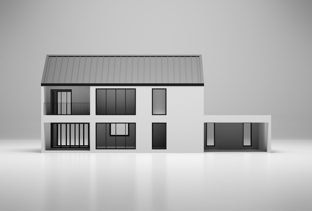 Simple house on white floor with grey background 3d rendering of exterior residential building