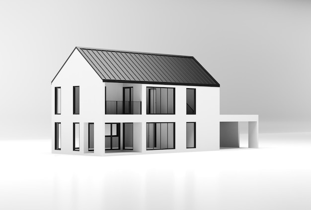 Simple house on white floor with grey background 3d rendering of exterior residential building