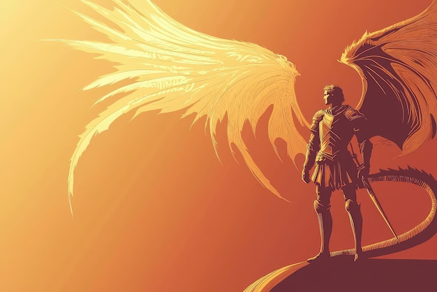 A simple illustration of Archangel Michael standing with wings spread wide exuding strength and power