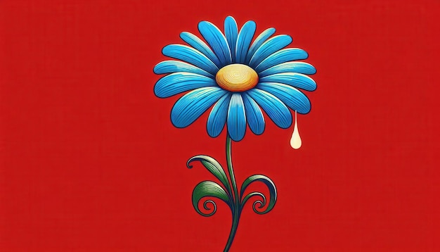 A simple illustration of a blue flower with a yellow center and a single water droplet set against